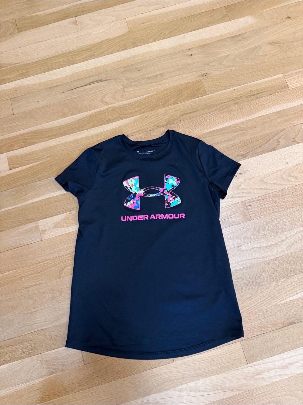Under Armour Black Tee with Pink Script & Multicolor Logo